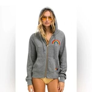 Aviator Nation Hoodie Embroidered Rainbow Light Gray Full Zip Fleece XS